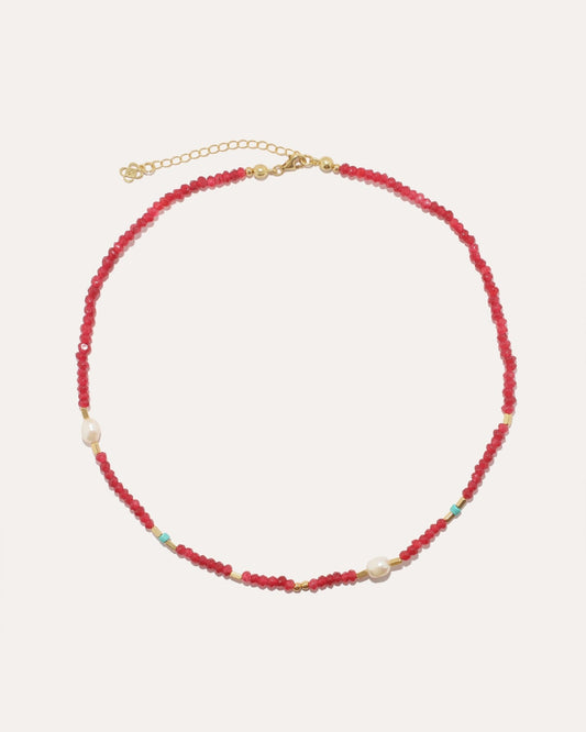 Carmen Pearl & Red Jade Beaded Necklace - Lily King